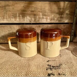 Vintage MCM Retro brown glazed stoneware salt and pepper shakers
